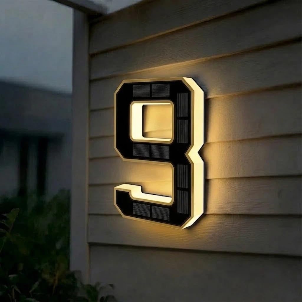 Solar House Numbers for Outside, 4.7"/6.7"/9" LED Lighted Address Sign for House, IP65 Waterproof Illuminated Modern Numbers, Dusk to Dawn Auto-Glow for Home Mailbox Yard(9-Black,9")