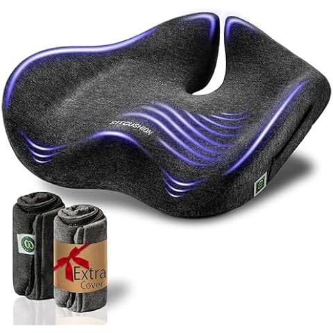 Pressure Relief Seat Cushion for Tailbone Pain – X Large Office Chair Cushion for Butt, Back Pain, Coccyx & Sciatica Pain Relief Pillow. Memory Foam Seat Cushions for Office Chairs. Extra Cover(Gray) Cover