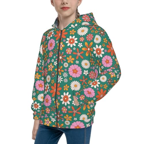 Retro Flower Kids Pullover Hoodies Boys Zip Up Sweatshirts Girls Athletic Clothes with Pocket