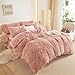 HAIHUA Furry Old Pink Comforter Cover Queen Set, Soft Fuzzy Faux Fur Old Pink Bedding Queen Set 3 Pieces (1 Plush Duvet Cover + 2 Shaggy Pillow Cases) Fluffy Bed Set, Zipper Closure