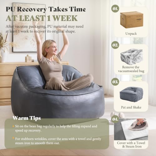 Image of AMERLIFE Oversized Bean Bag Chair for Adults, PU Boneless Chair, Gray