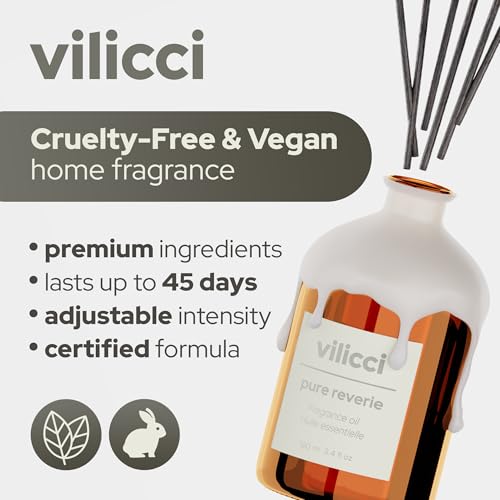 Image of Vilicci Reed Diffuser, Pure Reverie Scent, Strong Home Air Freshener, Long-Lasting Aroma Diffuser for Home and Office Decor, Vegan, Cruelty-Free Oil Ingredients, 3.4 oz (100ml)
