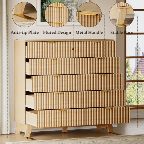 Image of BORNOON 46 inch Tall Dresser for Bedroom, 10-Drawer Fluted Chest of Drawers, Modern Wood Highboy with Metal Slides and Handles, Anti-Tip Kit, Vertical Clothes Storage Organizer for Apartment, Closet