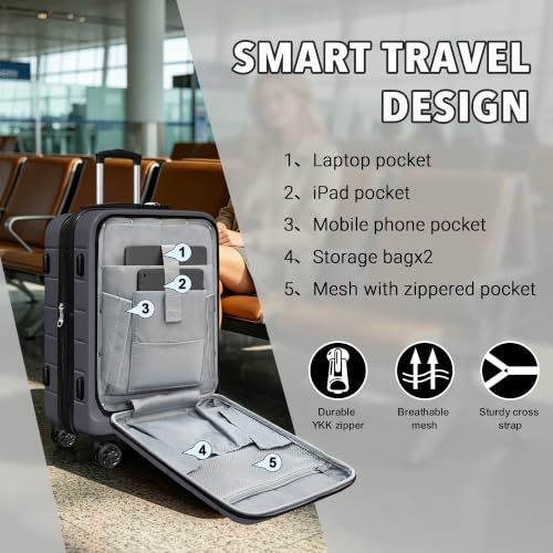 Image of KEYTANG SmileLine 3-Piece Luggage Set Lightweight Hardside Suitcase TSA Lock Spinner Wheels, 20 inch Expandable Carry-On Luggage with Quick Access Front Open Pocket, Bonus Makeup Bag,Gray