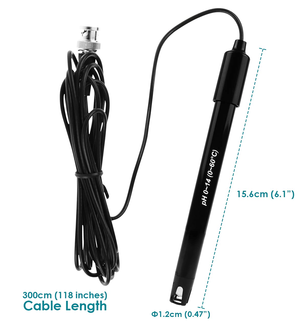 GAIN EXPRESS - Câble de 300 cm - Électrode pH avec poudre d'étalonnage - Sonde pH remplaçable 0-14 avec connecteur BNC - Pour Laboratoire, Hydroponie, Aquarium, Piscine et Transformation des Aliments