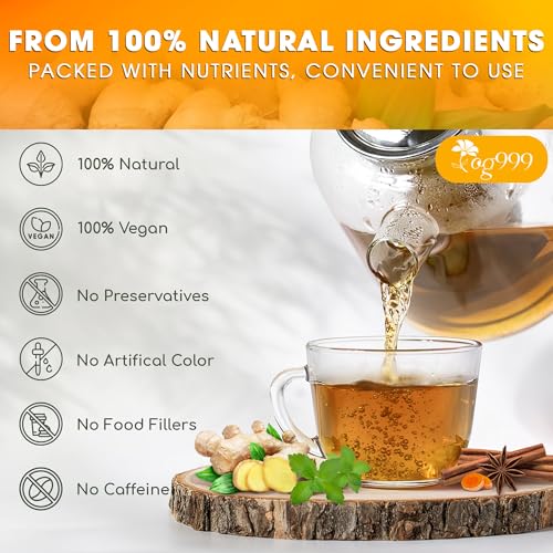 Image of TOG999, 20 Tea Bags of Ginger, Turmeric and Cinnamon, 100% Natural, Hand-made Blend of Ginger, Turmeric, Cinnamon, Orange Peel, Black Pepper, Hawthorn Berry and Jasmine. No Sugar, No Caffeine, No Gluten, Vegan.