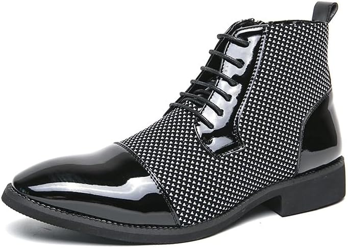 Santimon Men's Patent Leather Lace-Up Oxford Boots Houndstooth Print Zipper Dress Tuxedo Ankle Motorcycle Boots