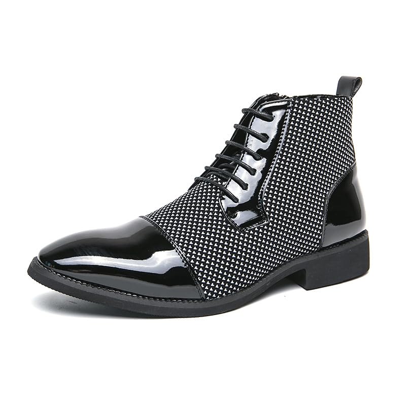 Santimon Men's Patent Leather Lace-Up Oxford Boots Houndstooth Print Zipper Dress Tuxedo Ankle Motorcycle Boots
