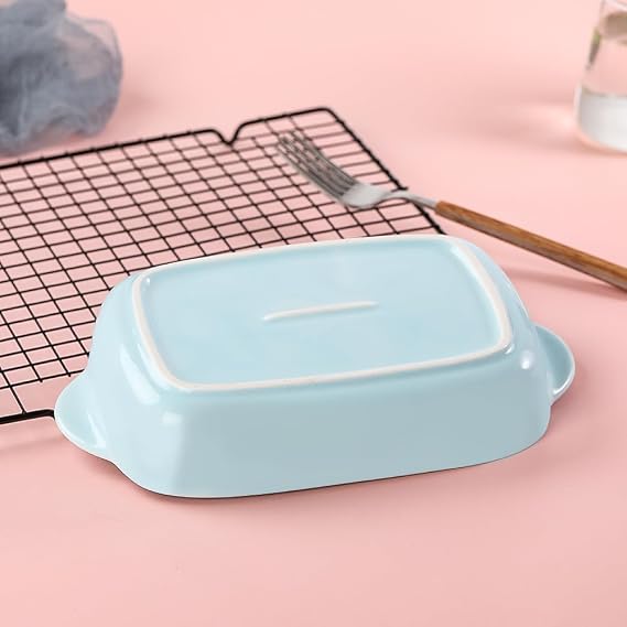 Casserole Dish for Oven – Small Deep Porcelain Ceramic Baking Dish for 1 Person – Rectangular Lasagna Pan with Handles for Baking, Roasting & Serving – Microwave & Dishwasher Safe – Blue