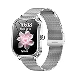 Montre Connectée Femmes, Ecran effet diamonté 1,75 HD avec afichage Floral Bracelet -Notification SMS Messenger -couleur Argenté avec 2 bracelet / Acier et Cuivre