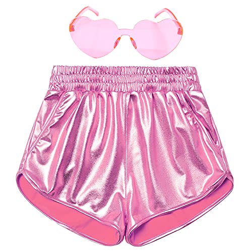 Mirawise Girls Metallic Shorts Shiny Hot Pants Sparkly Dance Outfits Short Pants with Sunglasses