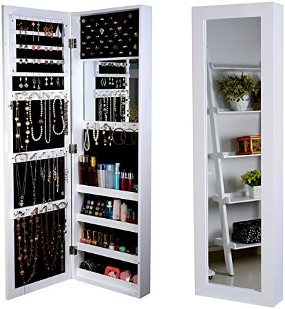 Organizedlife White Wall Mounted Jewelry Armoire Over The Door Jewelry Organizer Wall Jewelry Organizer Hanging with 2 Drawers and Inside Mirror