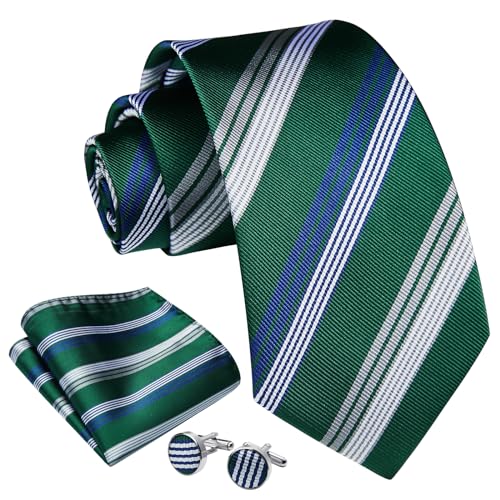 Image of Enlision Mens Ties Stripe Tie and Pocket Square Set Classic Formal Woven Neckties Handkerchief Cufflinks Wedding