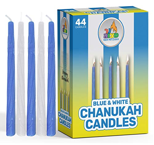 Ner Mitzvah Bougies Hanouka Bleues et Blanches - Sans Gouttes Hanukkah Candles Bougie Hanouka De Taille Standard - Cire De Qualité Supérieure - 44 Bougies Par Boîte