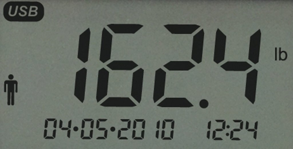 Lifespan DS1000i Digital Scale display showing 162.4 lbs, date 04-05-2010, and time 12:24