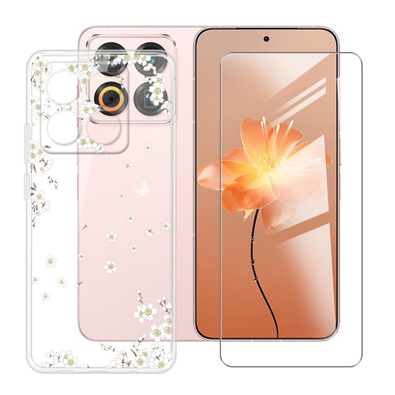 Case for Meizu 22 (6.3") Phone Case + Screen Protector - Cover Soft Shell Silicone Protective case Clear Bumper Belt 9H Hardness Film Protection -White pear Blossom