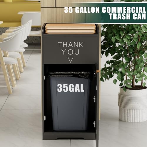 Image of Restaurant Trash Can Cabinet with Tray Holder, 35-Gallon Commercial Indoor for Restaurants, Cafes, Kitchens, and Dining Areas, Durable Garbage Bin with Storage, Black