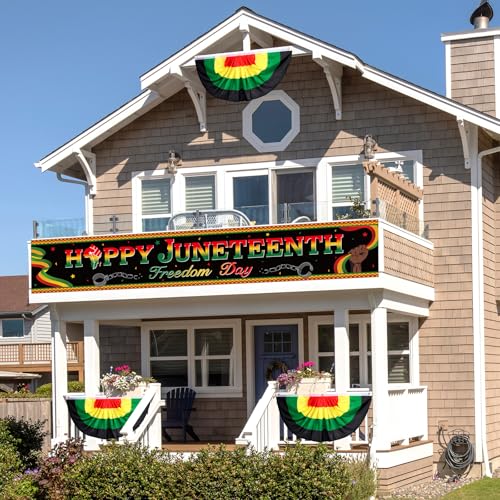 Image of Tiamon 3 Pcs Juneteenth Decorations Happy Juneteenth Banner with Bunting Fan Flag Africa America Pleated Half Fan Banner Freedom Day Party Supplies Backdrop for Outdoor Porch Garden