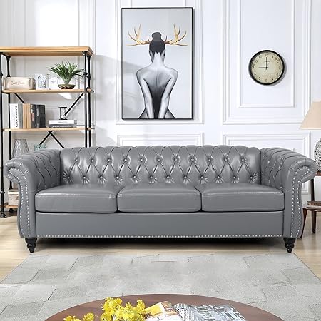 Image of WOODEN WORLD Modern & Classic Leather Sofa Set - Luxurious Comfort, Stylish Design, and Durable Build (Grey, 3 Seater)
