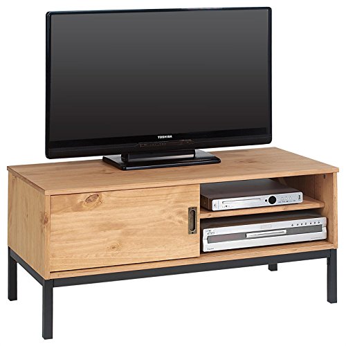 IDIMEX Meuble TV Selma Banc télé de 98 cm au Style Industriel Design Vintage avec 1 Porte coulissante et 1 Compartiment Ouvert, en pin Massif teinté Brun Clair