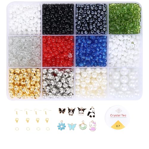 Image of Ambitieux DIY Bracelet Making Kit for Girls - 12 Types Colorful Beads with Charms, Elastic Thread, Earrings, Clasps & Rings - Jewellery Craft Kit for Kids, Birthday Return Gift, Rakhi Special Set for 2 3 4 5 6 7 8 9 10 years (Seed beads 1)