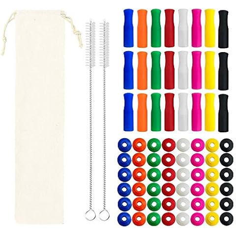 SITAKE Silicone Straw Tips Set, Including 24 pcs Food-Grade Straw Tips, 48 pcs Silencers, 2pcs Straw Brush and 1 Straw Carrying case, Multicolored Covers Fits All 6mm (0.24in) Metal Straws Cover