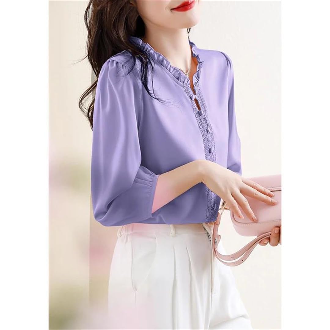 Yeuyyben Camicetta estiva da donna in pizzo patchwork con maniche a 3/4 increspature elegante tinta unita casual top