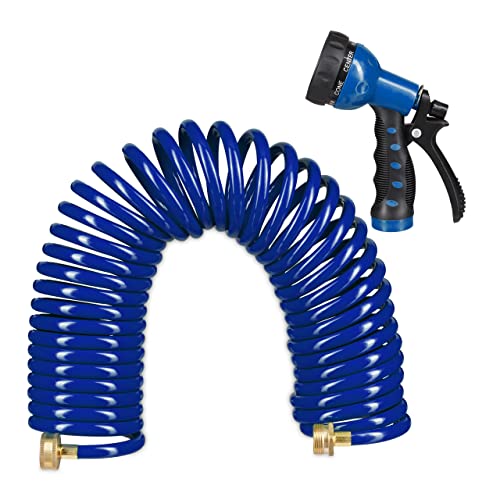 Relaxdays Tuyau d’arrosage Spirale, Long Jusqu’à 10 m, Tuyau d’Eau Flexible avec Pistolet, réglable avec 7 Modes, Bleu 25x52x15cm Cover