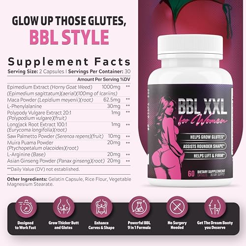 bbl xxl for women  weight gainer for women to grow thicker booty amp enhance curves  helps naturally curve amp shape body  grow rounder wider amp thicker glutes for fast results - 60 capsules