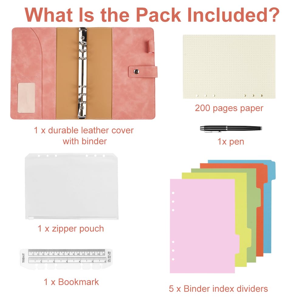ANOMM A5 Ring Binder Notebook PU Leather Diary, Refillable Notebook with A5 Dot Grid Paper & Inner Pockets & Index Divider - Image 3