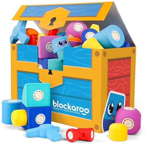 Blockaroo Magnetic Foam Bath Building Blocks - 50-Piece Trunk Set, Preschool Toys, Bathtub Toys, Sensory Toys, Engineering Toys for Kids 3-5