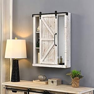 FirsTime Co Off White Winona Barn Door Mirrored Cabinet Storage with Shelves for Bathroom Kitchen and Office Wood Farmhouse 28 x 21 Inches
