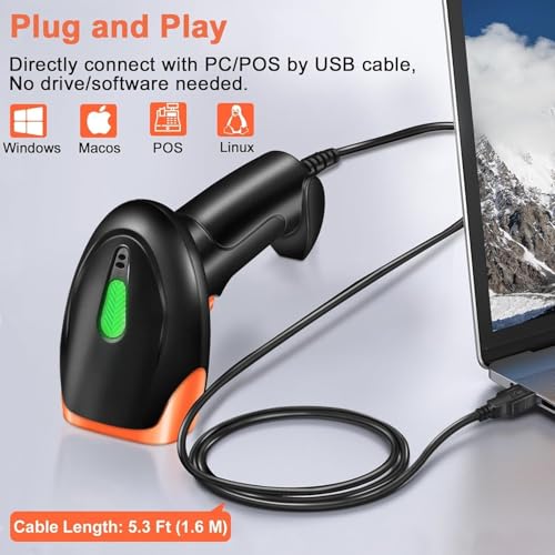 Image of ONLYU 2D USB Barcode Scanner: Handheld Wired QR Code Scanner for Computer Laptop POS PC, Fast Automatic 1D UPC Screen & Printed Bar Code Reader (Wireless Barcode Scanner)