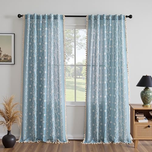 Image of MYSKY HOME Dusty Blue Boho Curtains 84 inch Length 2 Panels Set for Living Room Dining Room Farmhouse Linen Blend Light Filtering Floral Pattern Bohemian Drapes with White Tassel Back Tab, 50 inch Wide