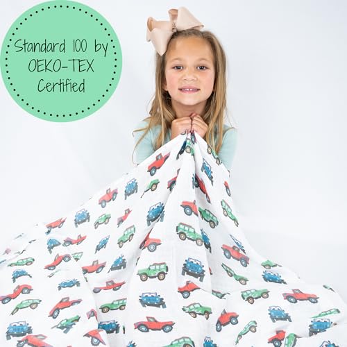 Image of LollyBanks Muslin Swaddle Blankets, 100% Cotton Baby Boy Blanket 47 x 47 Inches, Soft Baby Swaddle Breathable, Muslin Blankets for Boys, Newborn Essentials, Registry (Vehicle Print)