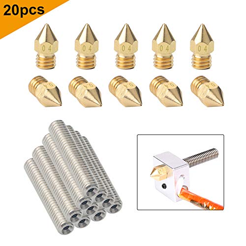 FULARR 10Pcs Profesional 0.4mm Latón Extrusora Boquilla Cabezales Impresión Kit, con 10Pcs 30mm Acero Inoxidable Boquilla Garganta Teflón Tubo, para MK8 MakerBot RepRap 3D Impresora