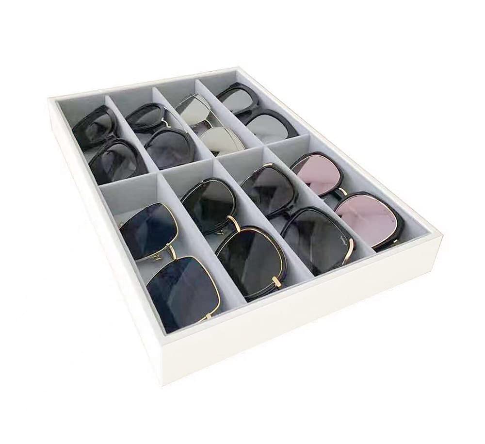 Premium Quality Sunglasses Eyewear 8-Slot Large Tray Organizer Display White PU Leather Exterior Soft Velvet Liner Light Grey