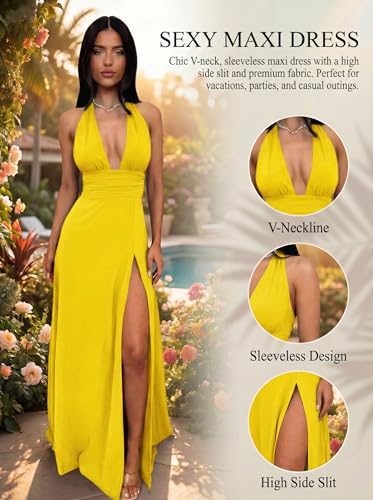 Image of Ekaliy Womens Sexy Halter Deep V Neck Maxi Dress Sleeveless Backless Split Long Dress