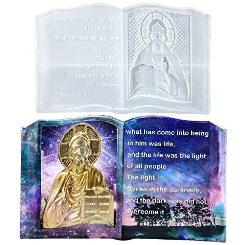 Palksky Jesus Resin Molds, Silicone Resin Bible Mold for 3D Open Book Holy Bible, Large Cross Epoxy Resin Casting Molds for Handmade Religious Wall Hanging Decor Easter Decoration Gifts