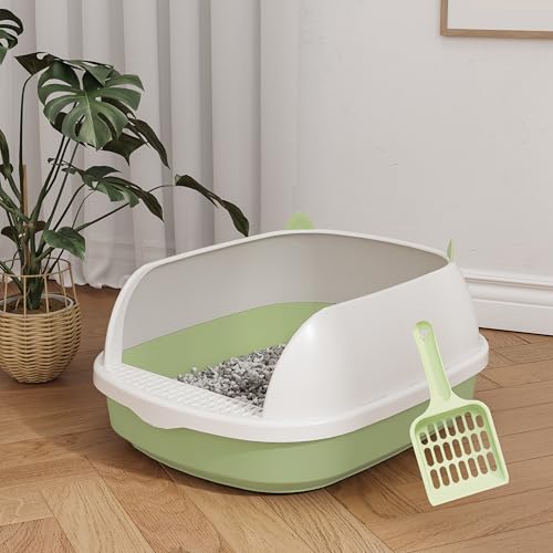 Cat Litter Tray Box, Litter Box, Plastic Cat Open Top Litter Tray with Free Scoop Kitten Detachable Rim Easy Cleaning,48 x 40 x 20cm (Green)