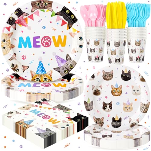 Fighting to Achieve Cats Happy Birthday Party Plates Set 168PCS Cats Themed Paper Plates Napkins Cups and Colorful Cutlery Set 24 Set Cat Disposable Tableware Set for Birthday Party Supplies