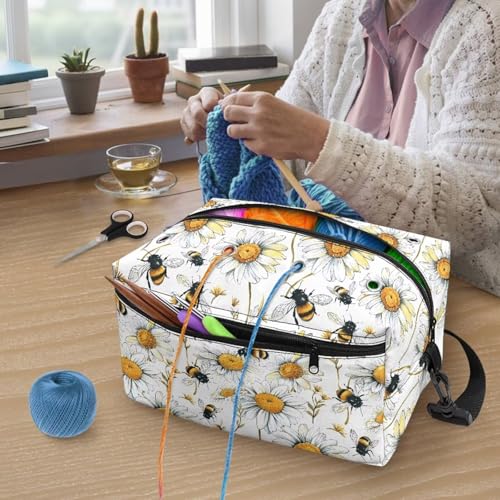 Image of Drnuikhe Knitting Bag for Yarn Storage Durable Crochet Storage Bag Daisy Bee Print Travel Knitting Bag Large Capacity Yarn Storage Organizer Bags for Unfinished Project