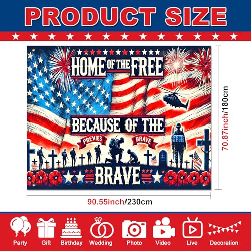 Image of BlissYard 4th of July Backdrop Banner 8x6ft Home of the Free Because of the Brave Patriotic Veterans Tribute American Flag Decorations for Memorial Day Veterans Day Independence Day