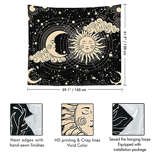 Image of HASTHIP Polyester Sun and Moon Tapestry - Aesthetic Black Dark Spiritual Wall Art for Bedroom, Living Room Decor (51 inchX59 inch)