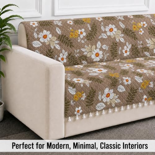 Image of STITCHNEST 'Frostvine Collection' 3 Seater Sofa Cover - Full Coverage| Cotton Quilted Fabric, Decorative Tassels, Washable & Durable for Modern Living