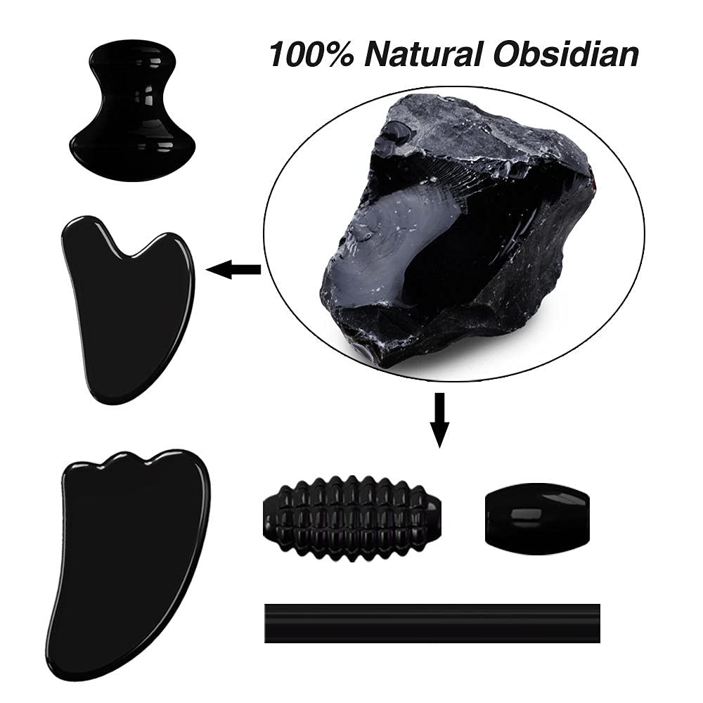 Obsidian Massage Rouleau Naturel Stone Gouache Grattoir Massager du visage Guasha Board Visage Face Rouleau de massage-2 en 1 avec la boîte-a