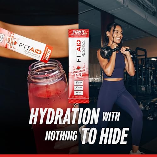 Image of FITAID Hydrate Clean Electrolyte Mix, Zero Sugar, Balanced Electrolyte Ratios: 600mg Sodium, 500mg Potassium, 125mg Magnesium, Watermelon Wave, for Exercise & Active Hydration, 14 Sticks