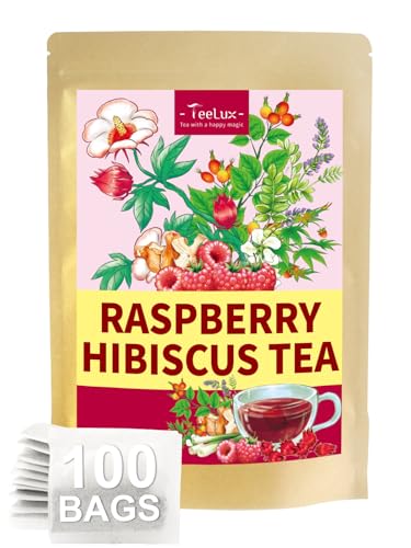 Image of TeeLux Raspberry Hibiscus Tea Bags, Tart & Sweet Notes, Caffeine Free 100ct | Tart Hibiscus Blend with Sweet Licorice, Lemongrass, Rosehips & Natural Raspberry Flavor, Juicy Berry Notes, Hot or Iced