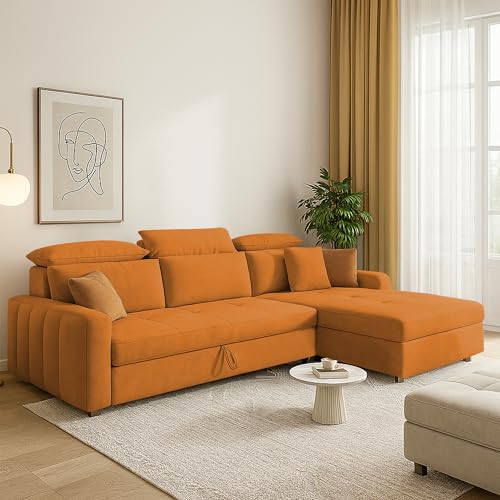 Image of Casaliving Gagnon RHS 4 Seater L Shape Corner Sofa Cum Bed for Living Room (Orange Fabric) Premium Fabric Sofa