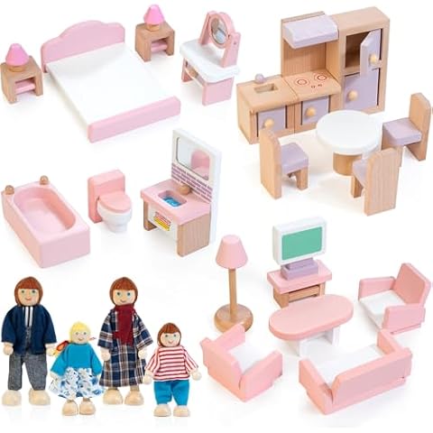 Kizfarm Wooden Dollhouse Furniture Set with 4 Family Dolls, 26 Pcs Pretend Play Dollhouse Accessories for 4 Rooms, Pink Furniture Toys Birthday Gifts for Girls Boys Age 3+ Cover